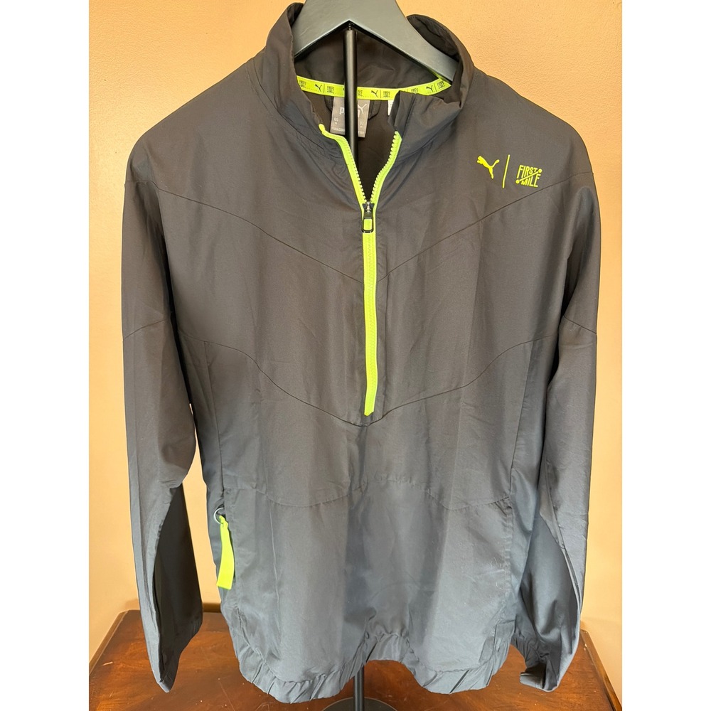 Puma First Mile Mens Quarter Zip Windbreaker Jacket Gray‎ Neon Green Size M